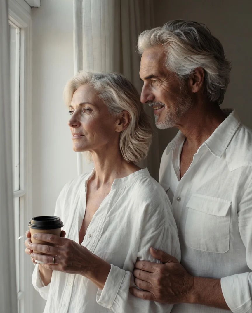 A man and a woman in their fifties at a breakfast table in morning light