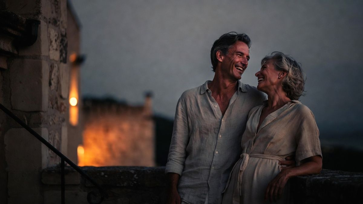 A man and a woman laughing together on a terrace at dusk