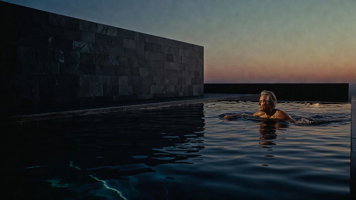 A silver-haired swimmer at the edge of an architectural pool
